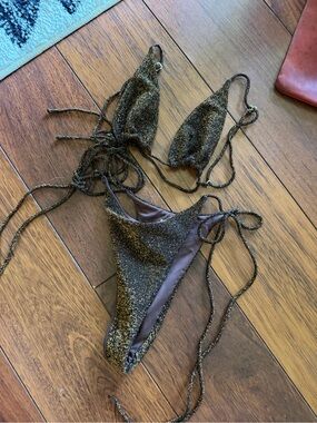 Shimmery Black & Gold String Bikini Top and Bottom Set